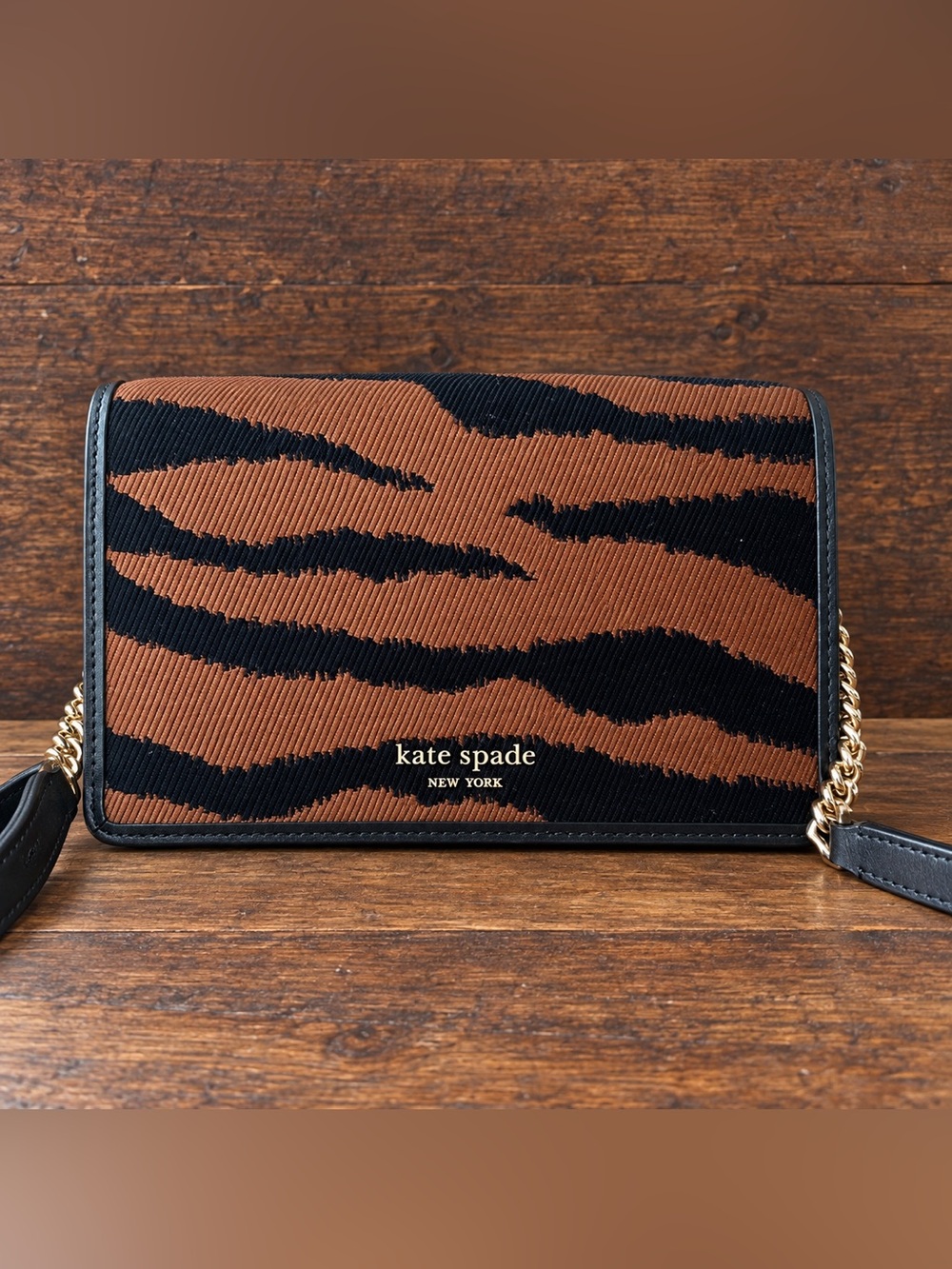 Kate Spade Tiger Jacquard Wallet Crossbody Bag Brown Black NWOT